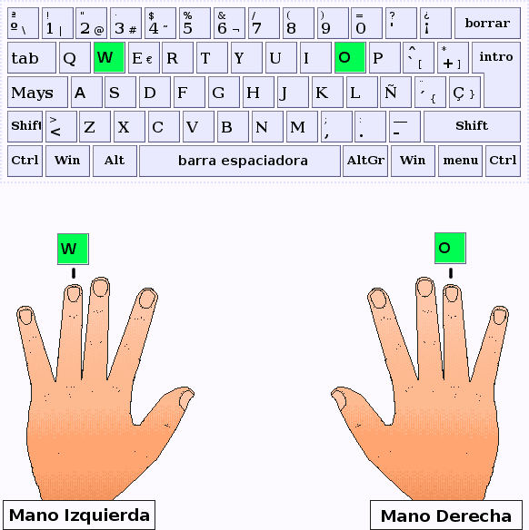 Los dedos anular de la mano izquierda y derecha pulsan las letras W y O respectivamente